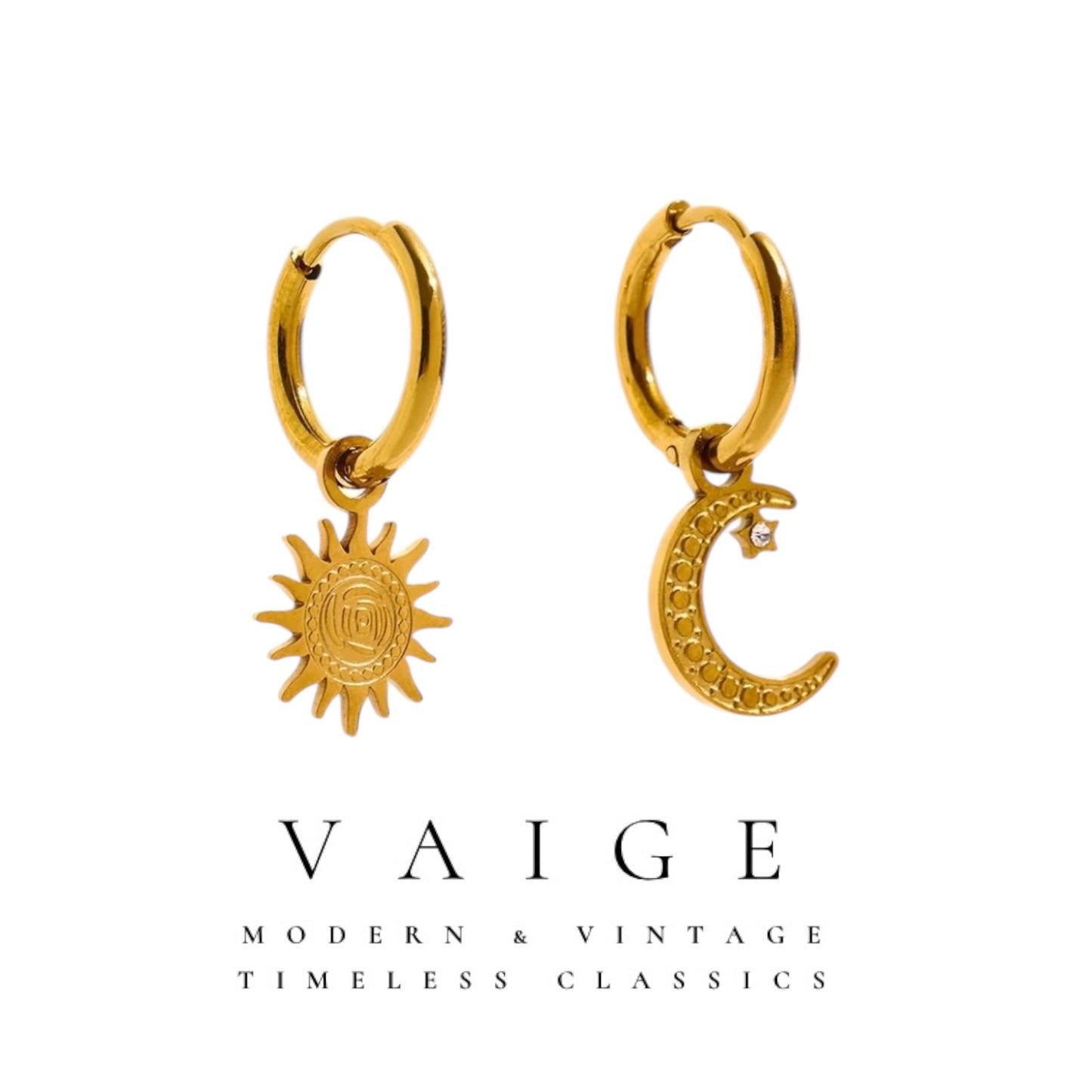 VAIGE Gold Asymmetry Star Moon Hoop Earrings Stainless Steel