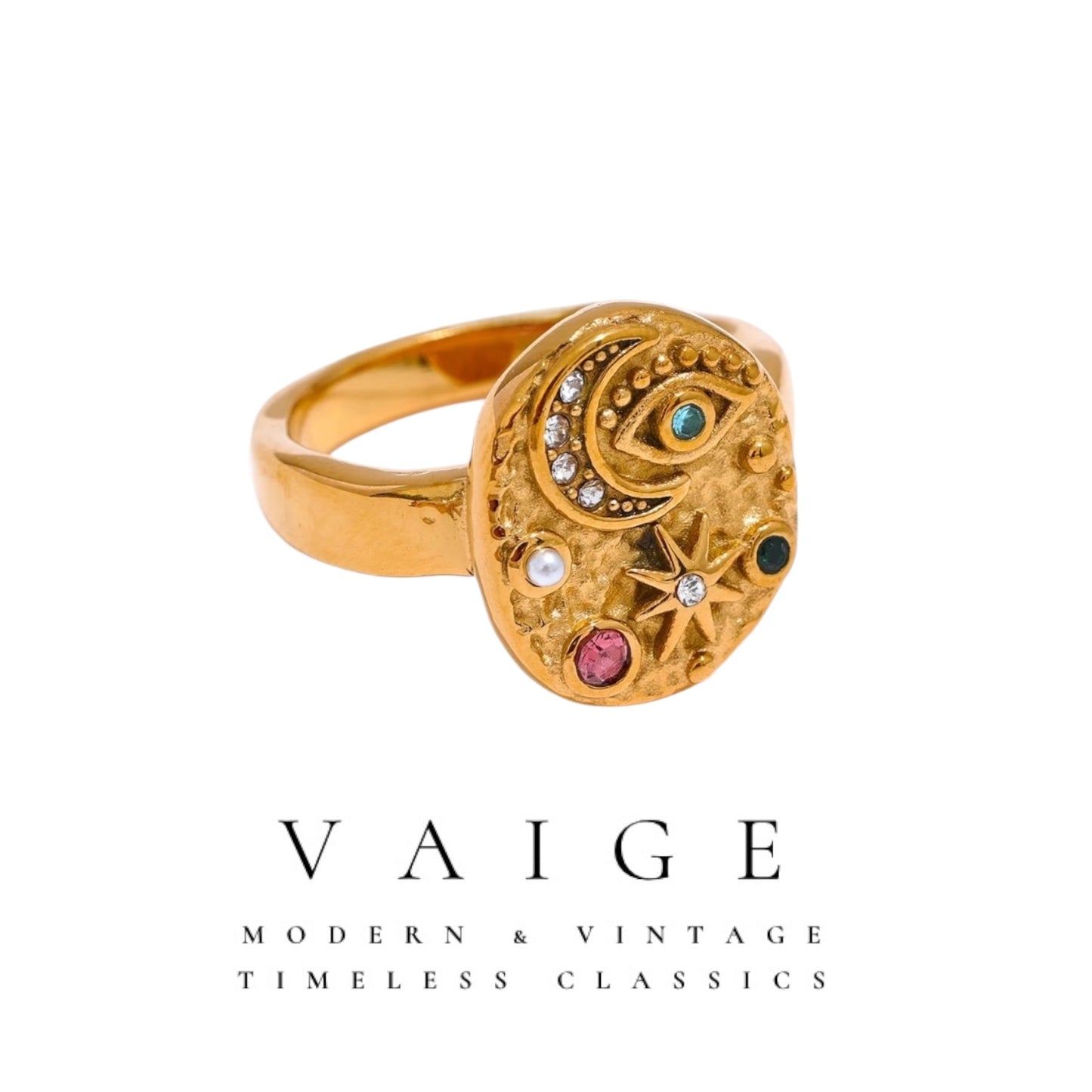 VAIGE Colorful Zirconia Eye Moon Star Stainless Steel Ring