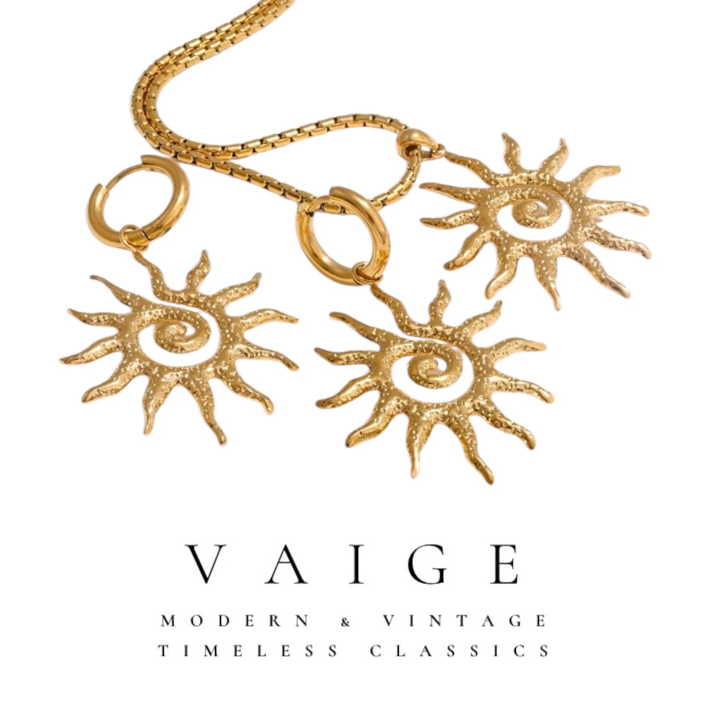 VAIGE Stainless Steel Sun Drop Necklace & Hoop Earrings Set