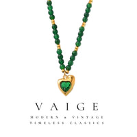 VAIGE Natural Green Agate Bead Heart Pendant Necklace