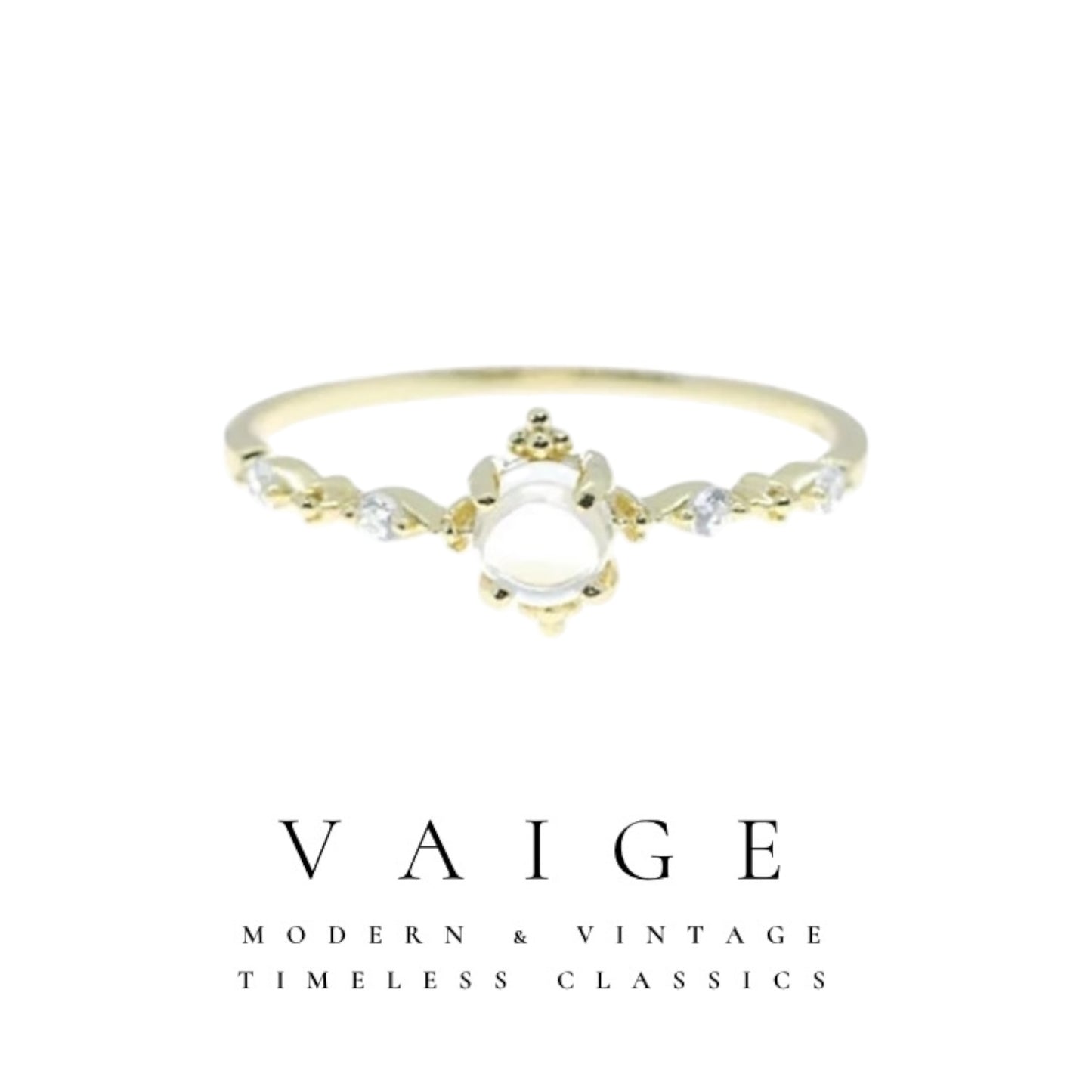 VAIGE Classic Transparent Moonstone Ring in 925 Sterling Silver