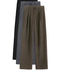 VAIGE High Waist Wide Leg Trousers with Double Buttons, Loose Straight Fit in Coffee, Cotton-Polyester Blend, Full Length