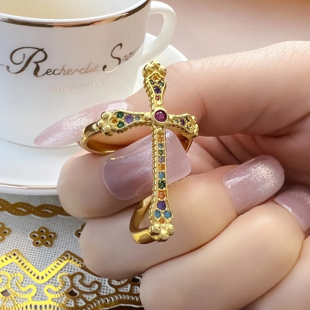 VAIGE Victorian Vintage Colorful Gold & Silver Cross Cocktail Ring in Multicolor Zircon