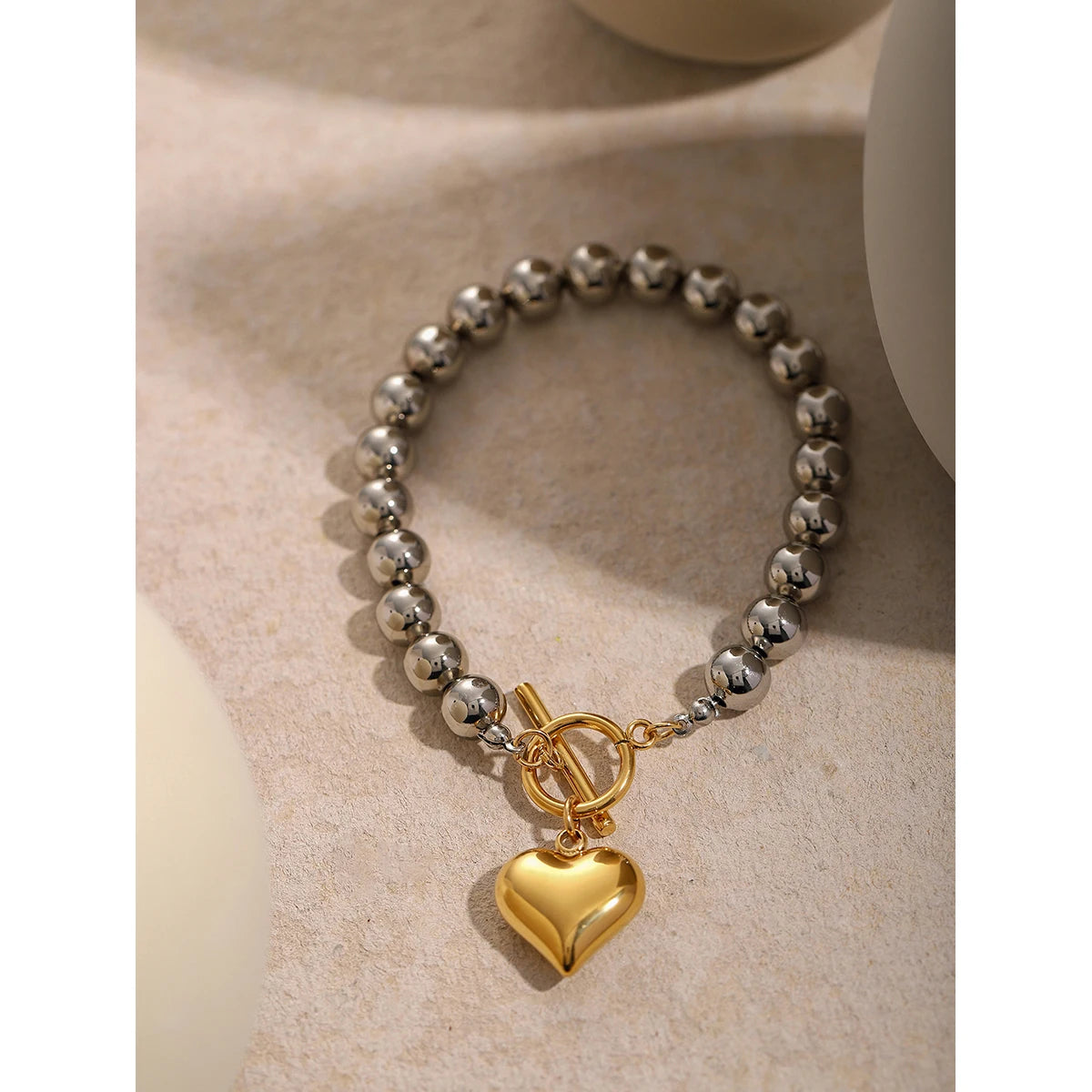 VAIGE Trendy Gold Heart Waterproof Silver Beads Bracelet - Stainless Steel Charm Jewelry for Special Occasions