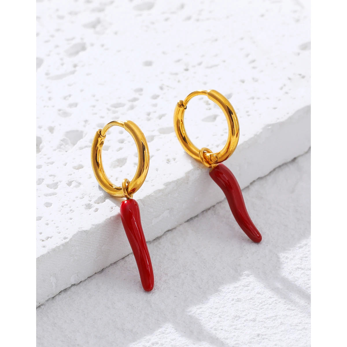 VAIGE Trendy Stainless Steel Hoop Earrings with Creative Enamel Red Chili Pepper Charm, 18K Gold Plated Fashion Jewelry