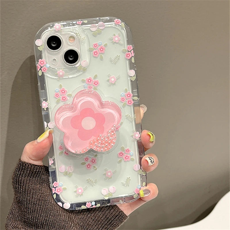 VAIGE Quicksand Pink Floral Holder Phone Case for iPhone Series - Clear Soft Silicone, Anti-Scratch, Shockproof Design