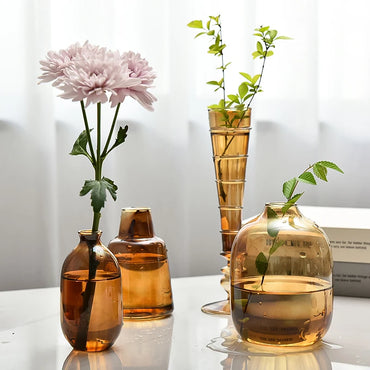 VAIGE Retro Amber Glass Cup-Shaped Flower Vase for DIY Floral Arrangements and Home Decor