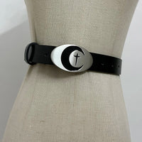 VAIGE Elegant Crescent Moon & Star Leather Belt in Black