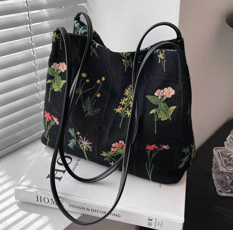 VAIGE Gianna Vintage Charm Black Floral Embroidered Tote Bag