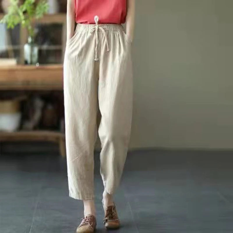 VAIGE Casual Ankle-Length Cotton Linen Pants with Lace-up Waist, Available in Solid Colors and Multiple Sizes