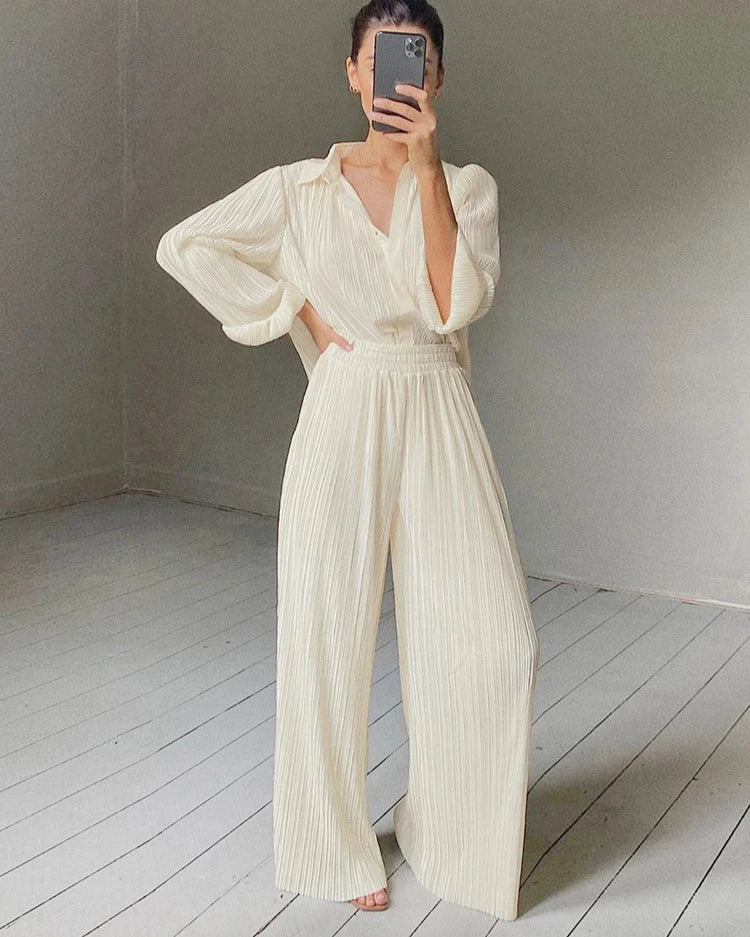 VAIGE Beige Pleated Wide Leg Pants - Casual Loose Trousers with Elastic Waist for Office and Everyday Wear