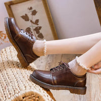 VAIGE Retro Brown Leather Oxfords for Women - Comfortable Round Toe Footwear with Lace-Up Closure and Low Square Heel