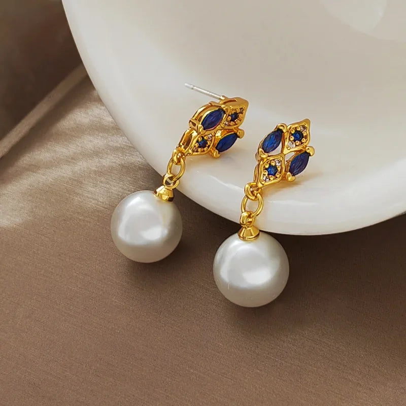 VAIGE Elegant Royal Blue Glass & Pearl Drop Earrings in 925 Sterling Silver