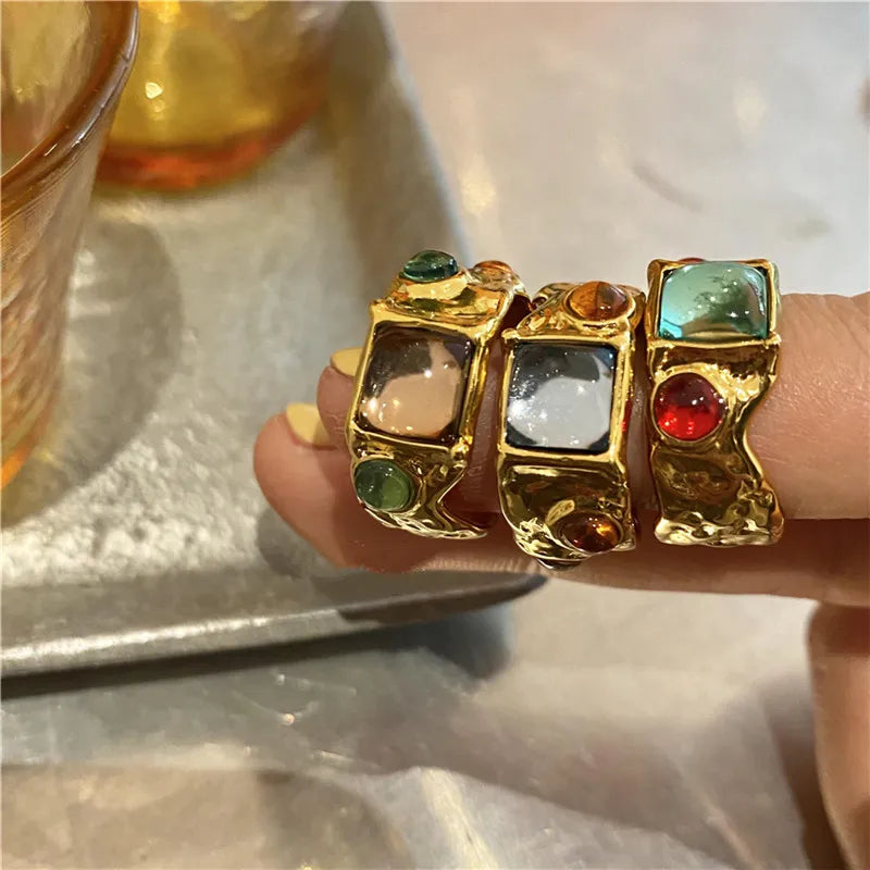 Colorful Vintge Inspired Baroque Gold Crystal Rhinestone Geometric Ring