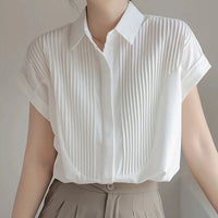 VAIGE Summer White Blouse with Flying Sleeves and Turn-Down Collar, Single-Breasted Button-Up, Casual Style, Polyester Material, Regular Fit