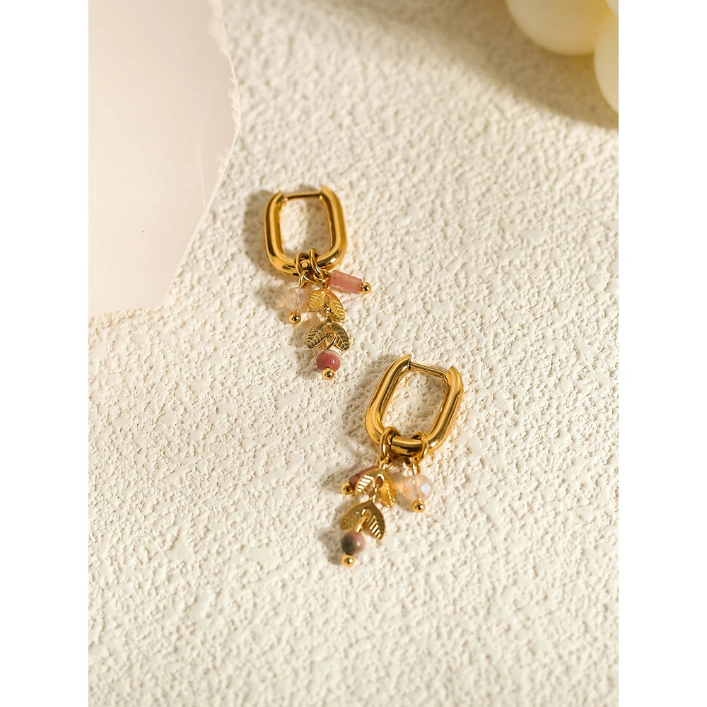 VAIGE Trendy Stainless Steel Hoop Earrings with 18K Gold PVD Plating and Natural Stone Charms, Elegant Drop Jewelry Gift