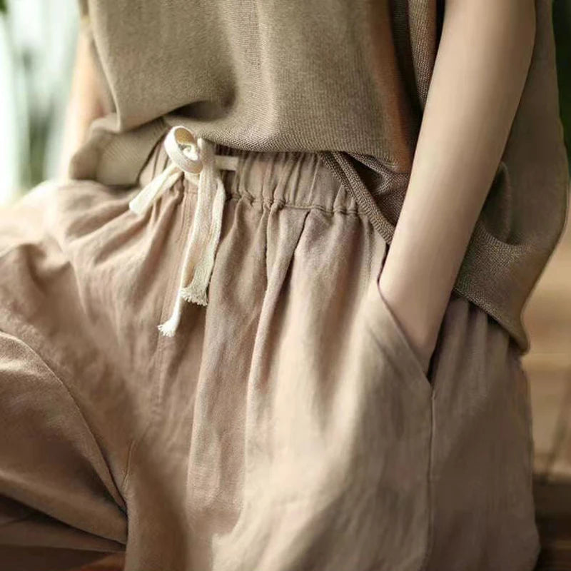 VAIGE Casual Ankle-Length Cotton Linen Pants with Lace-up Waist, Available in Solid Colors and Multiple Sizes