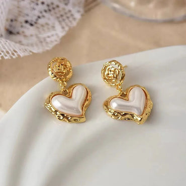 VAIGE Elegant Floral Design Metal Earrings with Heart-shaped Simulated Pearl Drops in Gold and Silver