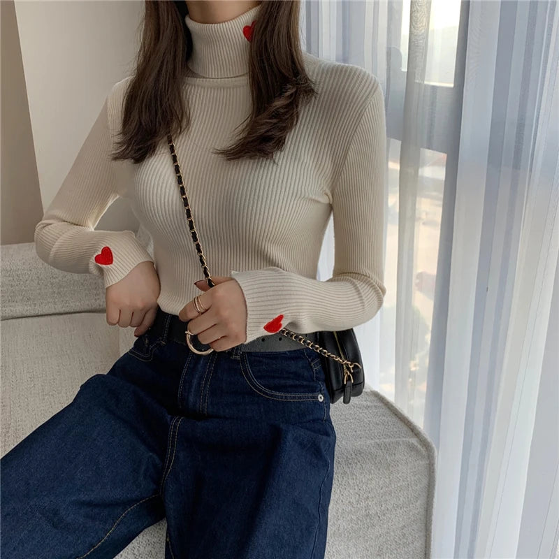 VAIGE Heart Embroidery Turtleneck Knitted Sweater - Ribbed Pullover for Autumn and Winter