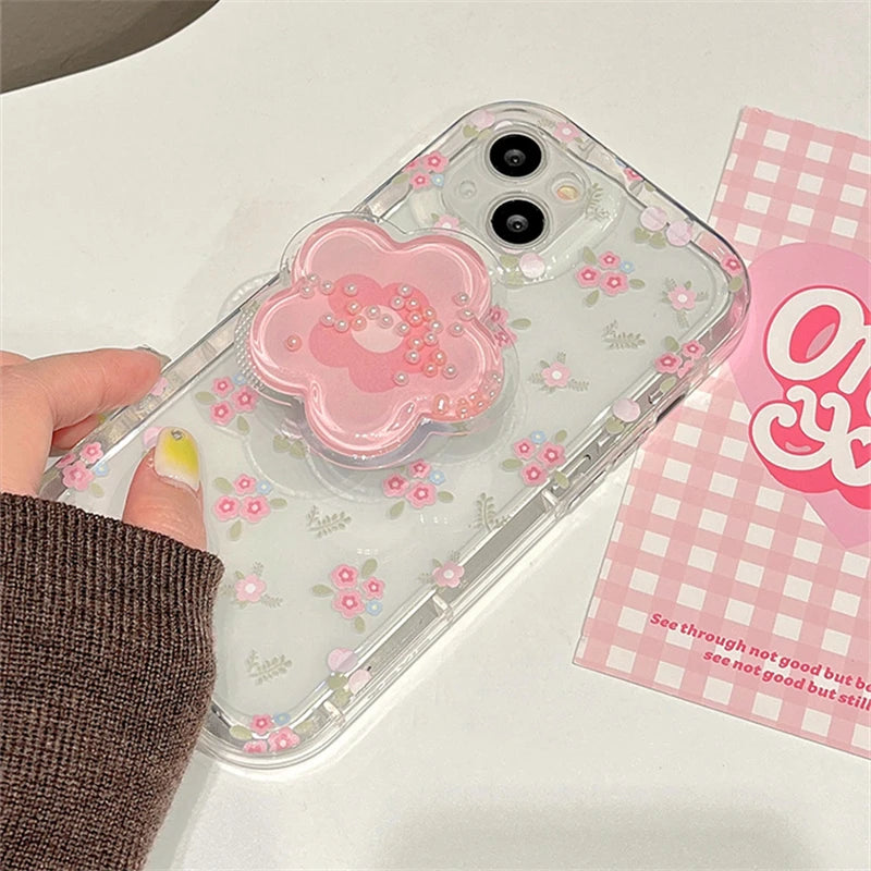 VAIGE Quicksand Pink Floral Holder Phone Case for iPhone Series - Clear Soft Silicone, Anti-Scratch, Shockproof Design