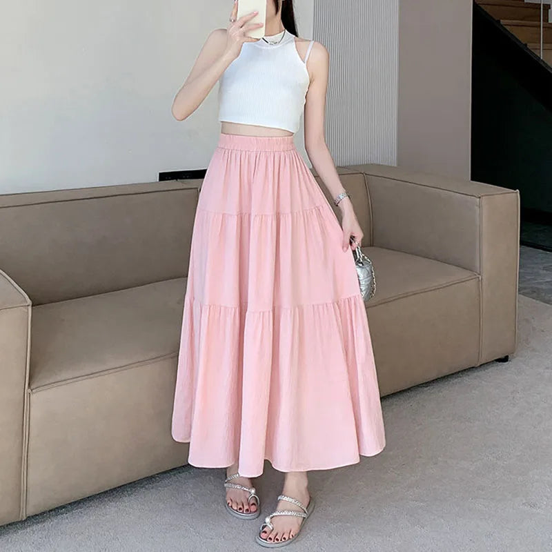 VAIGE A-Line Long Skirt in Pink - High Waist Midi Skirt with Solid Color Patchwork, Made from Cotton and Polyester, Available in S/M/L/XL Sizes