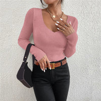 VAIGE Autumn Winter Solid Rib Knit V Neck Stripe Pullover Sweater Long Sleeve Casual Jersey Top