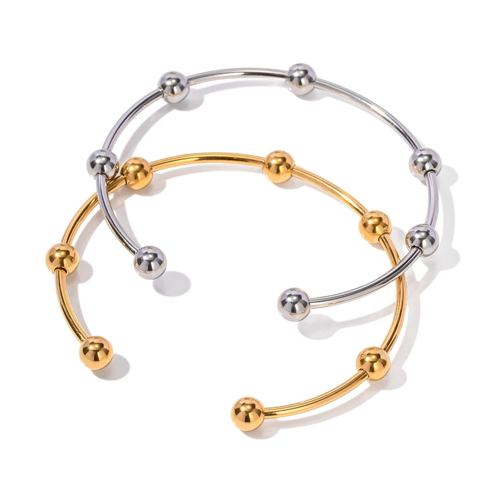 VAIGE Elegant Waterproof Stainless Steel Cuff Bracelet in Golden Silver with Charming Bead Design