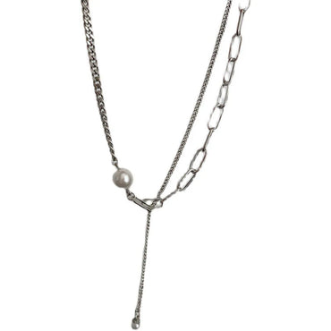 VAIGE Elegant Pearl Geometric Double Layered Dangle Necklace in Silver and Gold