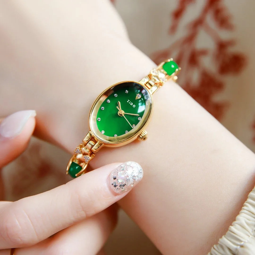 VAIGE Elegant Camelia Green Zircon Quartz Watch with Gold Chain Bracelet