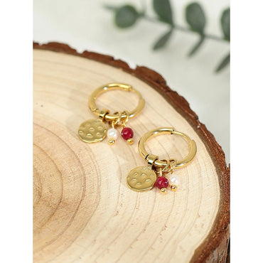 VAIGE 18K Gold Plated Stainless Steel Irregular Texture Hoop Earrings with Natural Stone Charms - Trendy 25mm x 15mm Fashion Jewelry