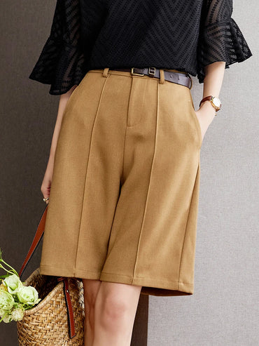 VAIGE High Waist Khaki Bermuda Shorts with Pockets, Elegant Wide Leg Design for Office Wear, Polyester Fabric, Regular Fit