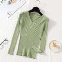 VAIGE Casual Knitted V Neck Pullover Sweater - Long Sleeve, Solid Jersey Top, High Stretch Cotton-Polyester Blend for Autumn/Winter