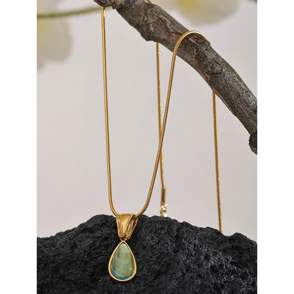 Green Glass  Water Drop Stainless Steel Necklace