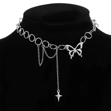 silver Butterfly dangle star chain layered necklace