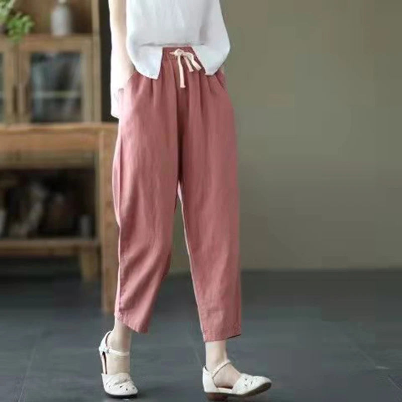 VAIGE Casual Ankle-Length Cotton Linen Pants with Lace-up Waist, Available in Solid Colors and Multiple Sizes