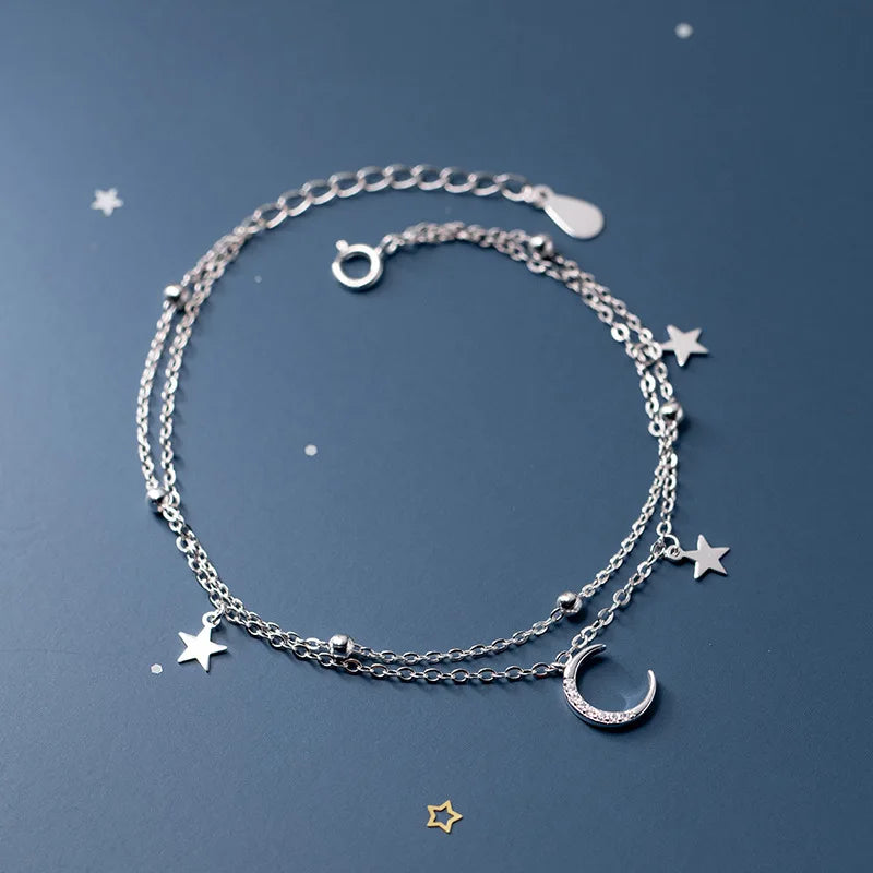 VAIGE 925 Sterling Silver Geometric Double Layer Star Moon Charm Bracelet - Customizable Gift for Special Occasions