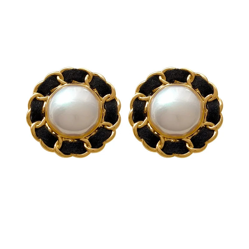 VAIGE Vintage Pearl Enamel Stud Earrings in Black and Gold