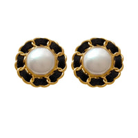 VAIGE Vintage Pearl Enamel Stud Earrings in Black and Gold