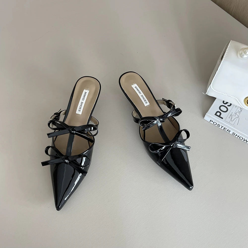 VAIGE Casual Slip-On Mules with Pointed Toe, Bow Design, Patent Leather Upper, Low Thin Heels, Available in Black, White, Pink, Sizes 35-39