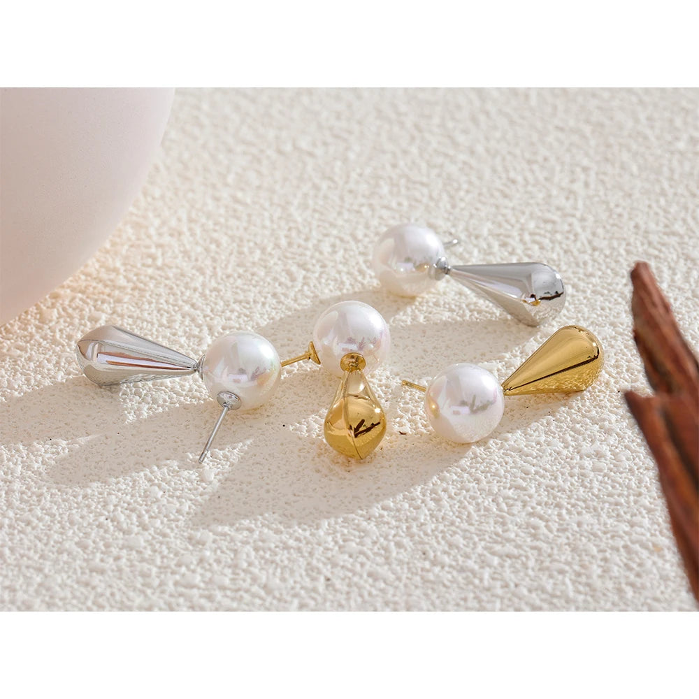Pearls Round Teardrop Stud Stainless Steel Earrings