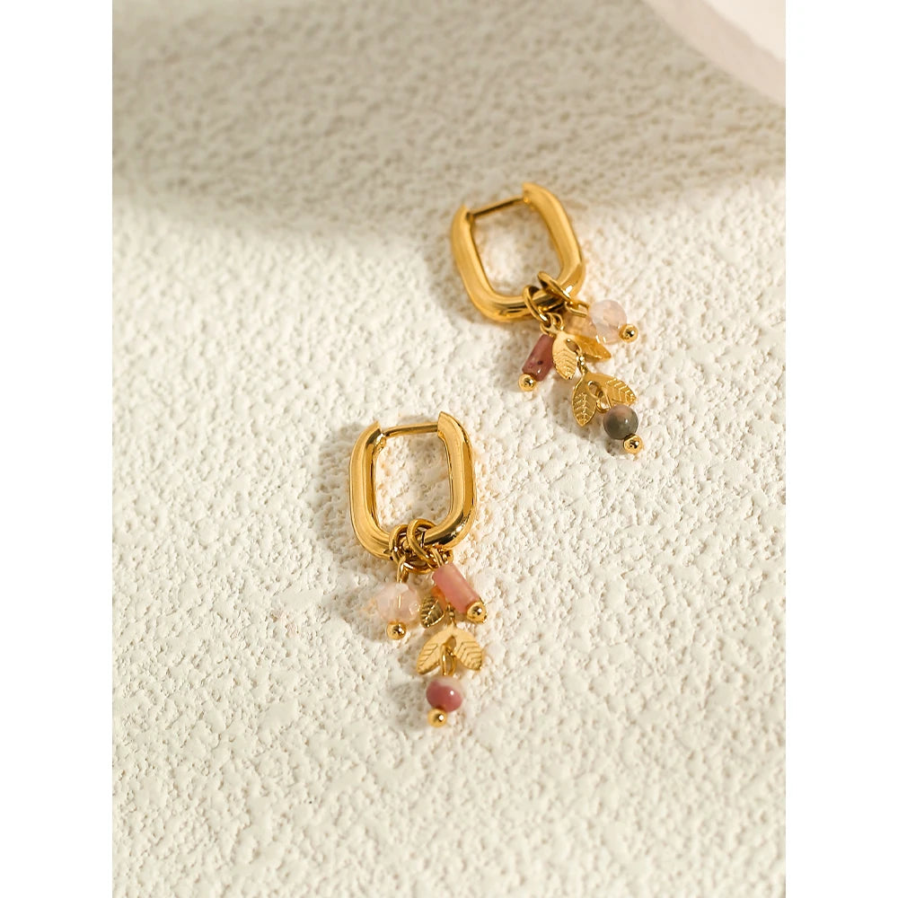 VAIGE Trendy 18K Gold Plated Stainless Steel Hoop Earrings with Cute Pink Crystal Natural Stone Charms - 33mm Length, Perfect for Any Occasion