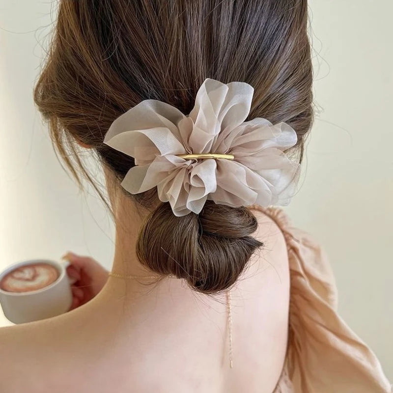 VAIGE. Large Metal Chiffon Flower Hair Claw Clips - Stylish Ponytail Holder Hairpins in Black, Beige, and Light Brown