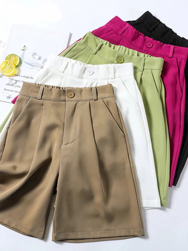 VAIGE High Waisted Elastic Band Bermuda Shorts for Office Wear - Solid Color, Pocketed, Casual Twill Fabric