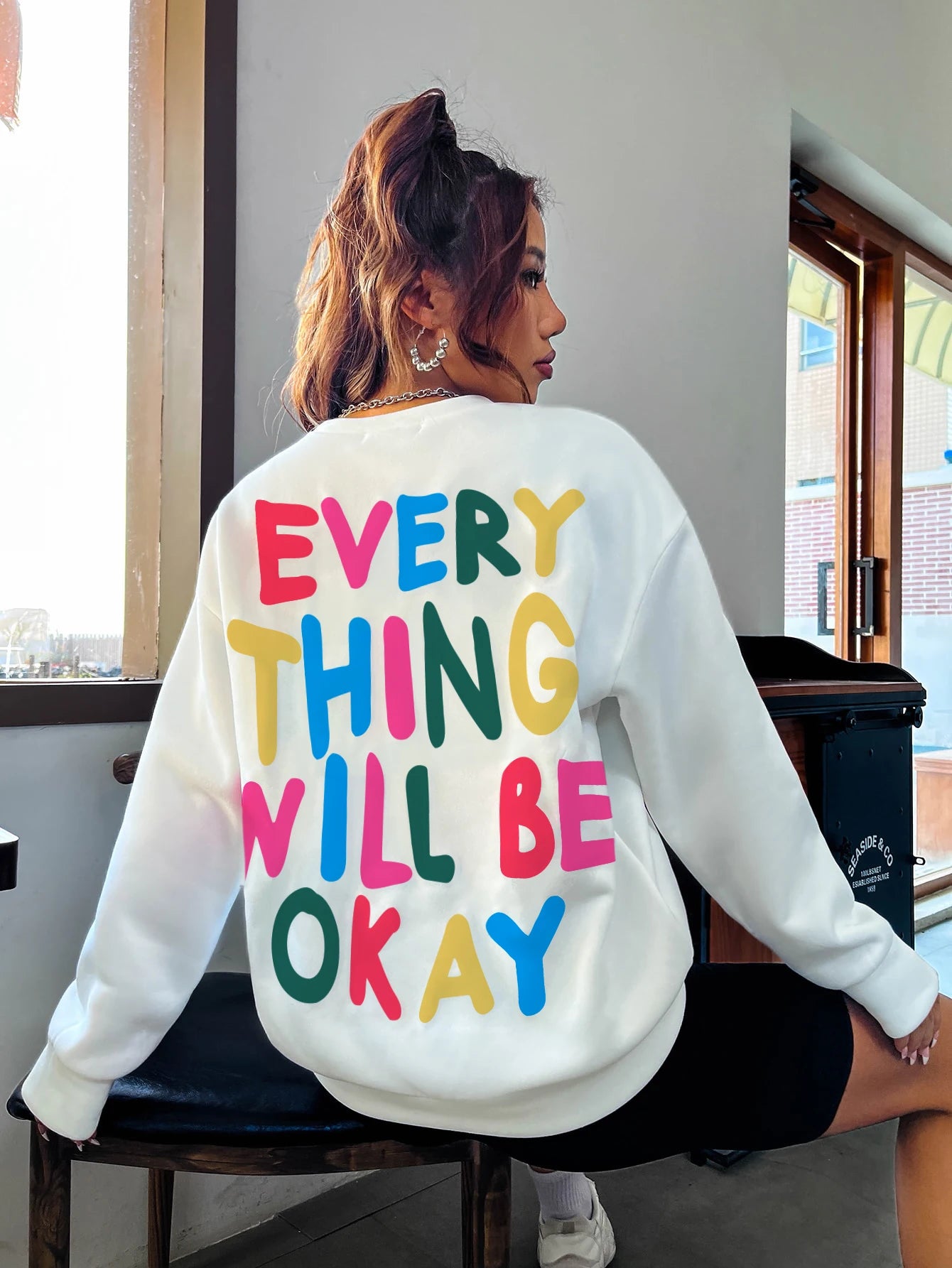 VAIGE Everything Will Be Okay Cozy Letter Print Loose Fit Sweatshirt