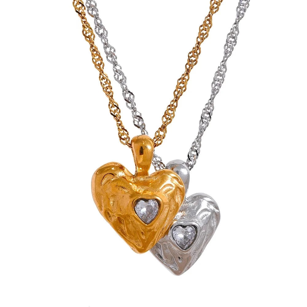 Gold + Silver Stainless Steel Irregular Textured Heart Necklace