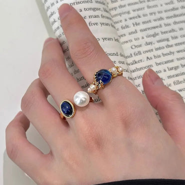 VAIGE Irregular Gold Ring with Pearl Blue Gemstone Elegance