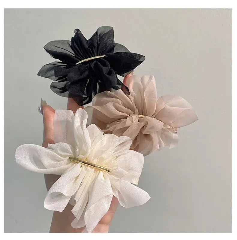 VAIGE. Large Metal Chiffon Flower Hair Claw Clips - Stylish Ponytail Holder Hairpins in Black, Beige, and Light Brown