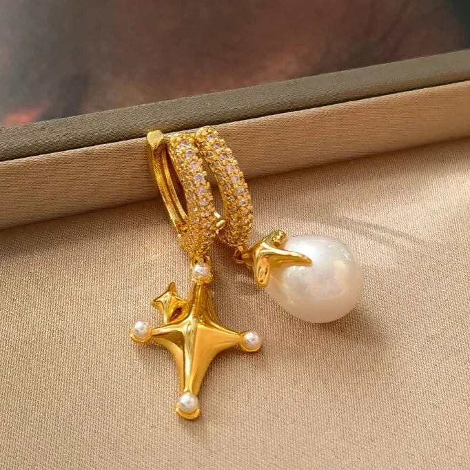 VAIGE Elegant Asymmetrical Pearl & Gold Drop Earrings in White and Gold