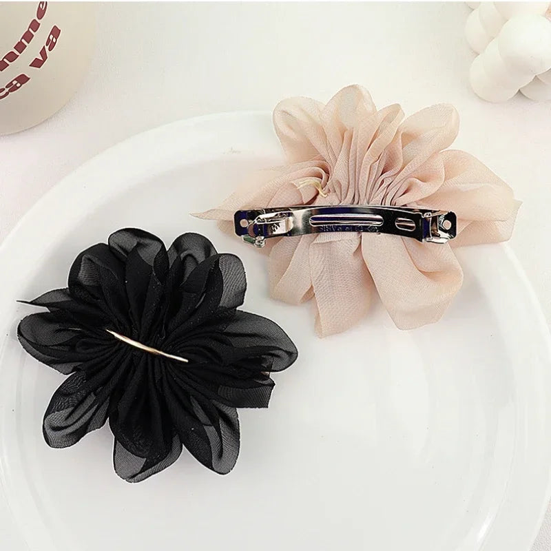 VAIGE. Large Metal Chiffon Flower Hair Claw Clips - Stylish Ponytail Holder Hairpins in Black, Beige, and Light Brown