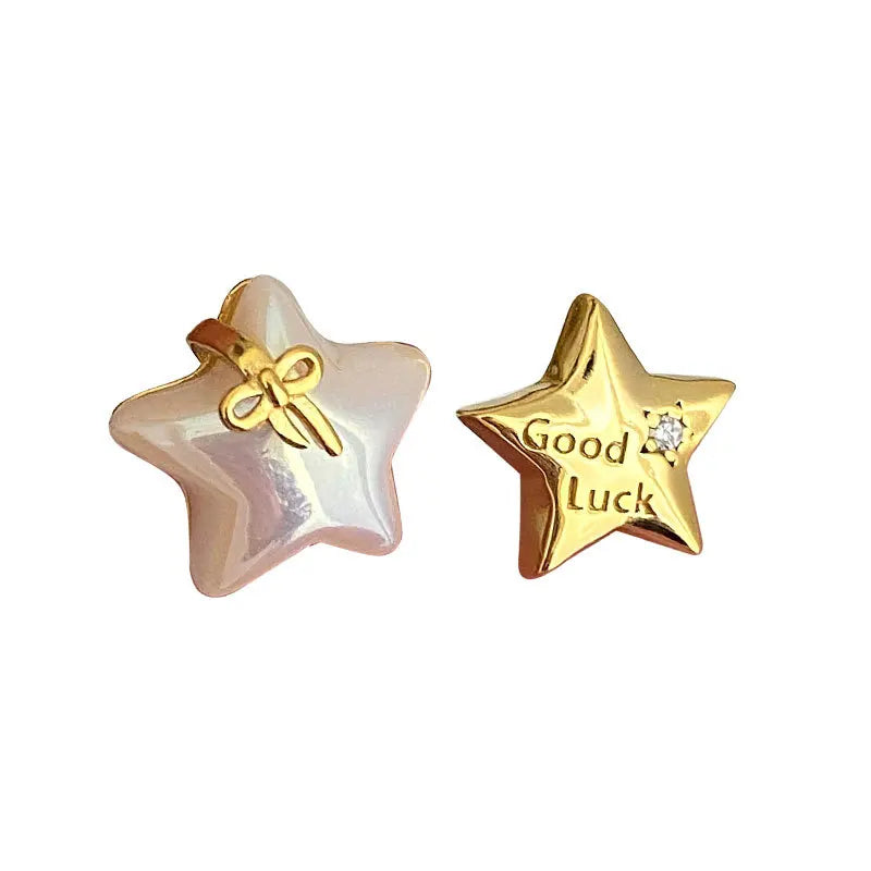 VAIGE Creative Asymmetric Shell Star Stud Earrings in 925 Sterling Silver with Pearl and Light Luxury Bow Design